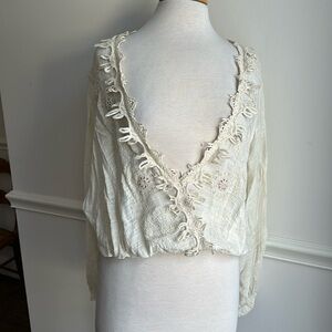 Free people, blouson peasant style top lace, beads embroidery cream small EUC
